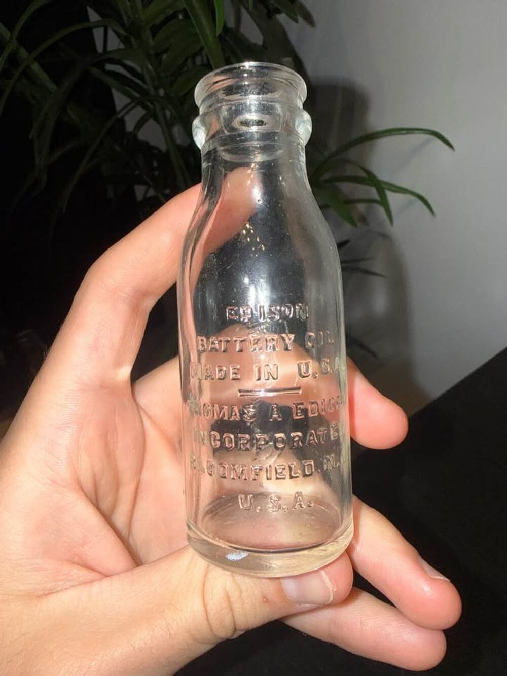 Antique Edison Battery Oil Bottle Embossed Thomas A Edison Bloomfield NJ